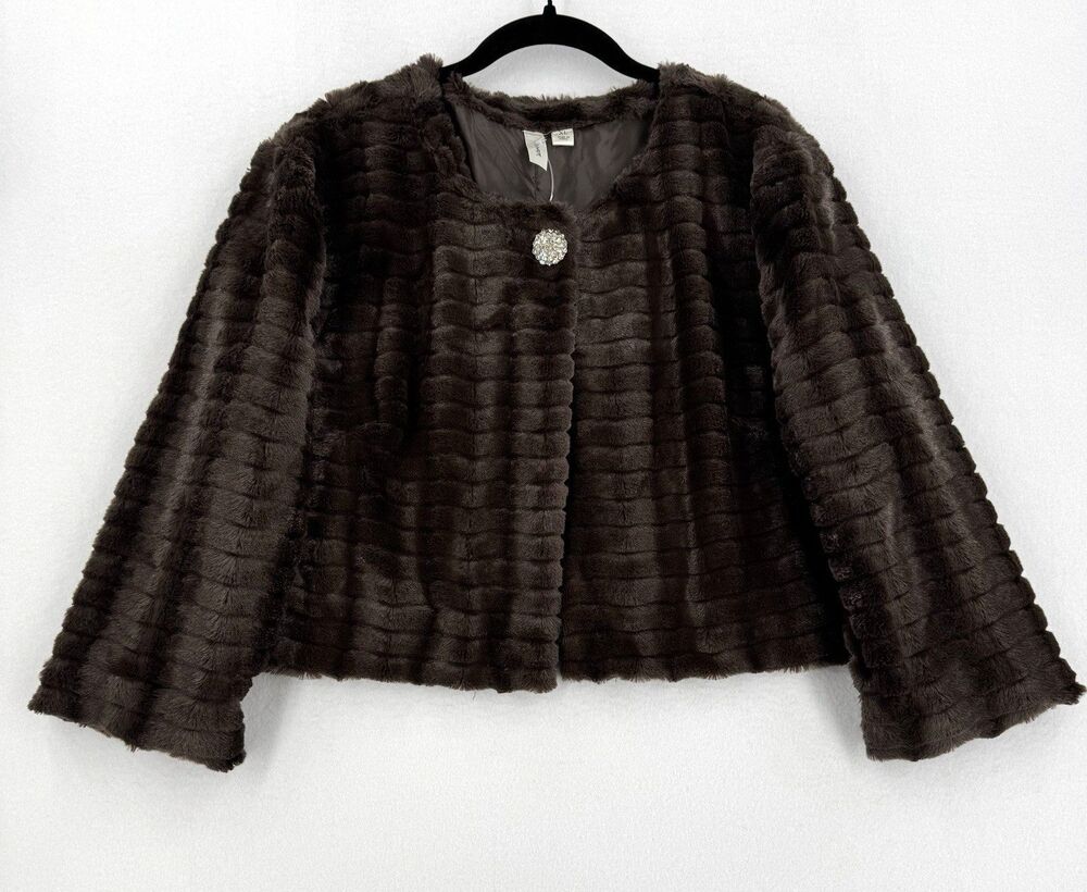 Tacera Faux Fur Jacket Women XL Brown Cropped Rhinestone Button Lined Glam